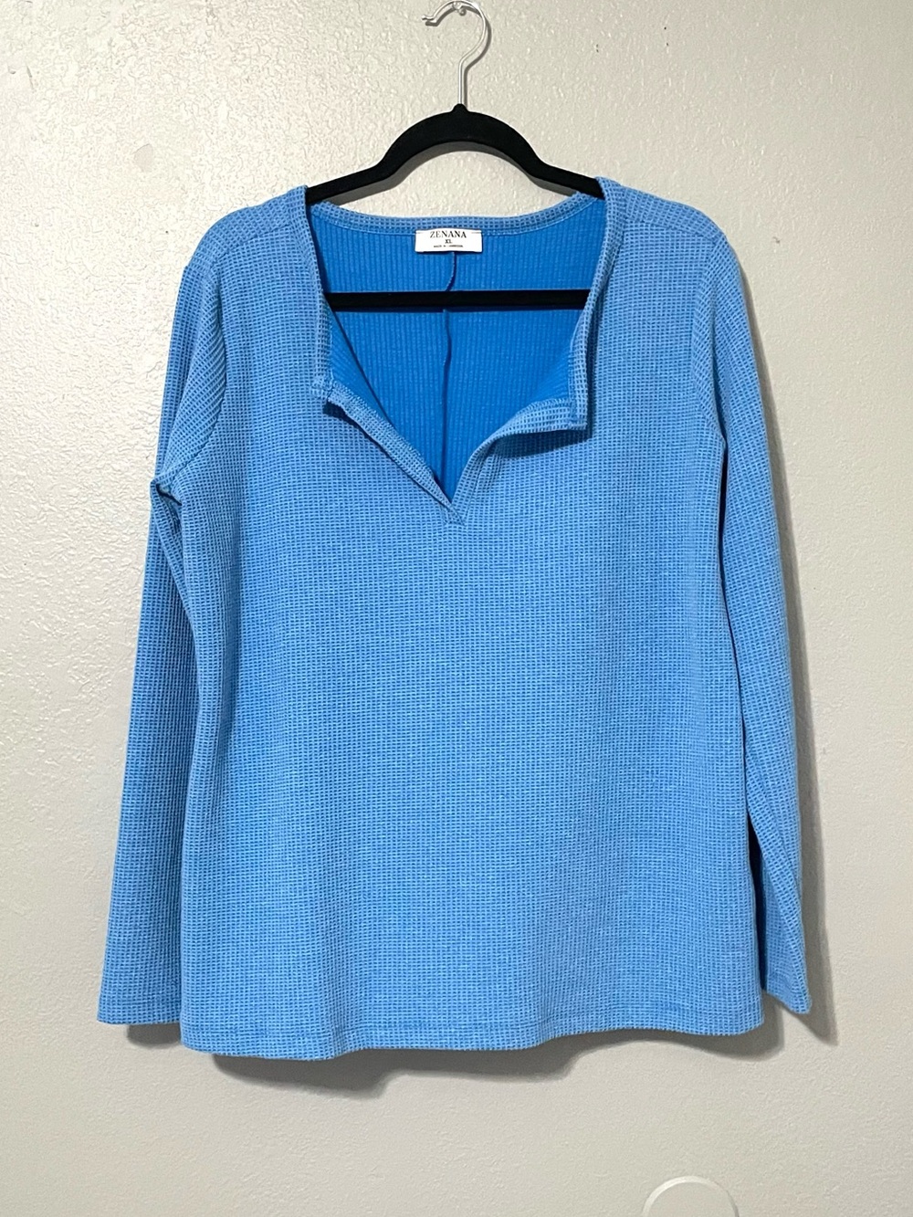 Zenana Waffle Knit Slit V-Neck Blue Long Sleeve Top XL
